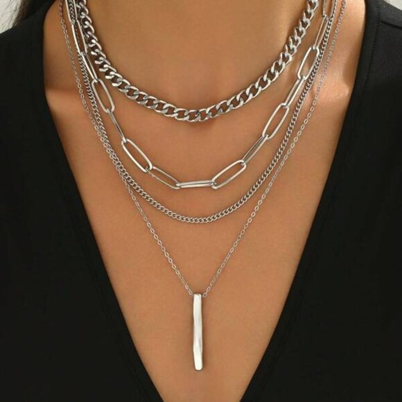 Layered Sterling Silver Chain Necklace Set – 4 Strands with Pendant - Picture 1 of 4